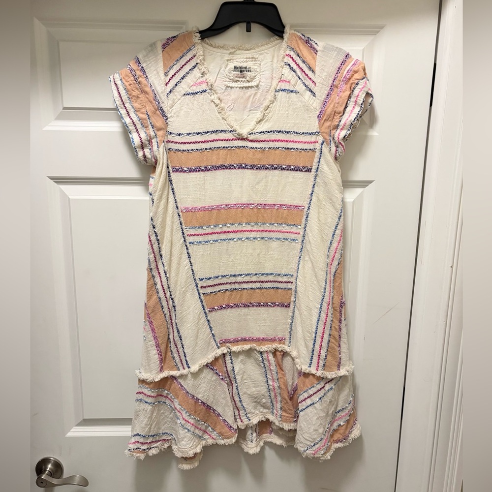 Anthropologie Cream Striped Boho Tunic Dress with Pink and Peach Accents